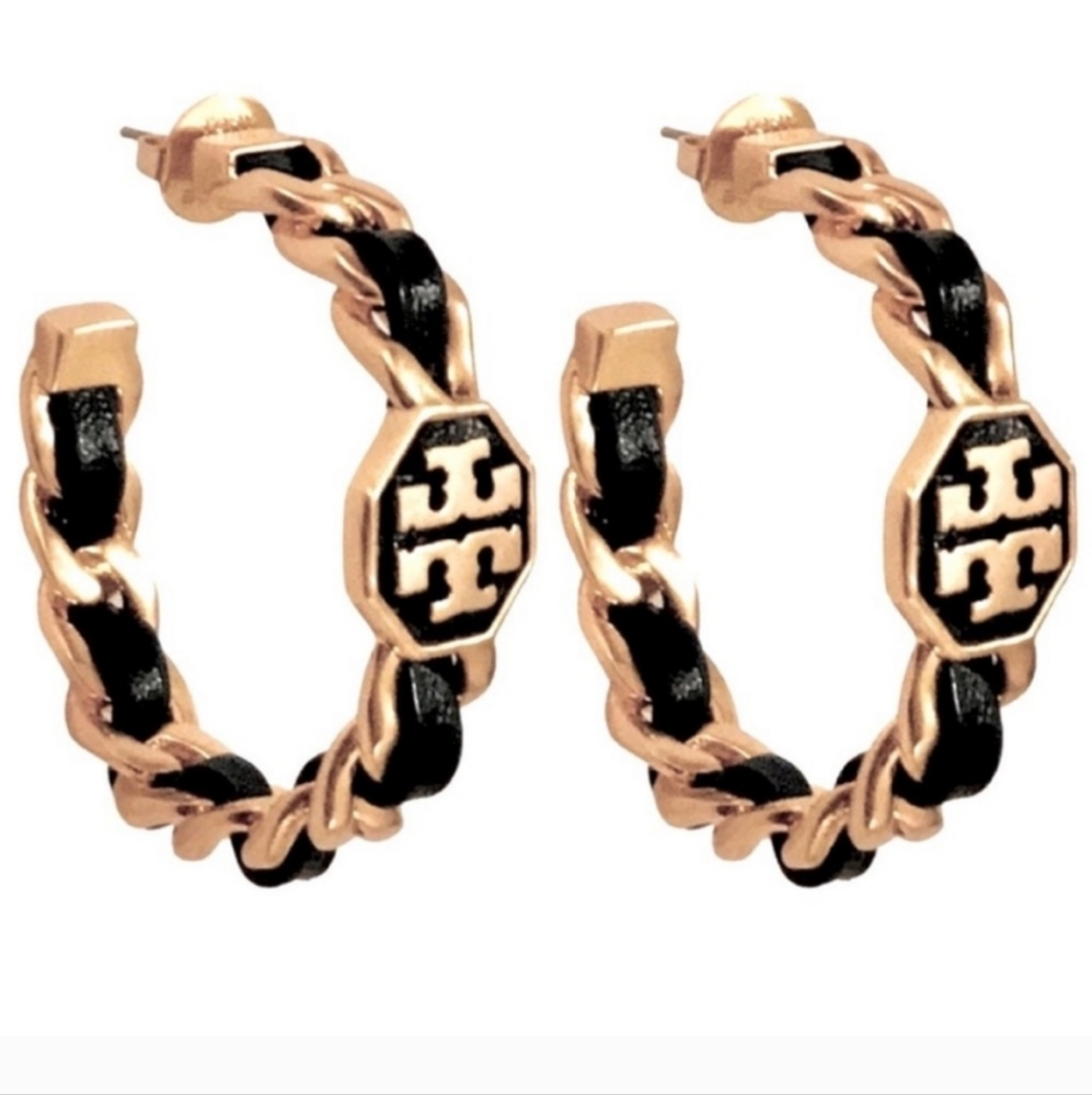 Tory Burch Marion Black Woven Hoop Earrings